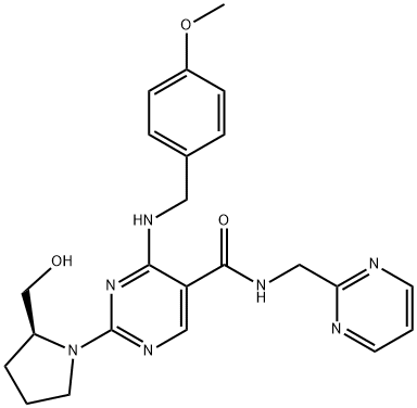 5-Pyrimidinecarboxamide, 2-[(2S)-2-(hydroxymethyl)-1-pyrrolidinyl]-4-[[(4-methoxyphenyl)methyl]amino]-N-(2-pyrimidinylmethyl)- Structure