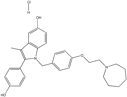 1H-Indol-5-ol, 1-[[4-[2-(hexahydro-1H-azepin-1-yl)ethoxy]phenyl]methyl]-2-(4-hydroxyphenyl)-3-methyl-, hydrochloride (1:1) Structure