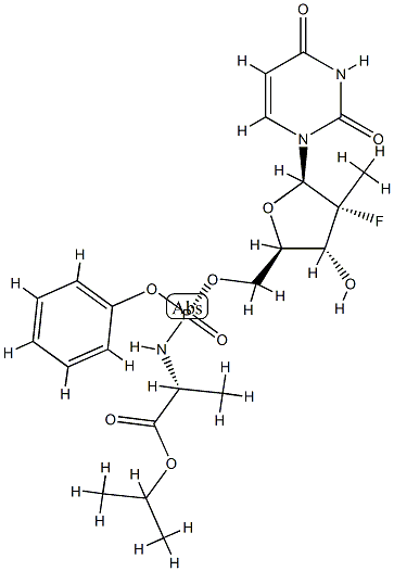 D-Alanine, N-[[P(R),2'R]-2'-deoxy-2'-fluoro-2'-Methyl-P-phenyl-5'-uridylyl]-, 1-Methylethyl ester Structure