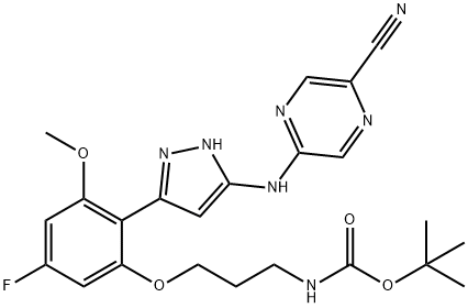 tert-butyl (3-(2-(3-((5-cyanopyrazin-2-yl)amino)-1H-pyrazol-5-yl)-5-fluoro-3-methoxyphenoxy)propyl)carbamate Structure