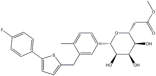 ((2R,3S,4R,5R,6S)-6-(3-((5-(4-fluorophenyl)thiophen-2-yl) methyl)-4-methylphenyl)-3,4,5-trihydroxytetrahydro- 2H-pyran-2-yl)methyl acetate Structure
