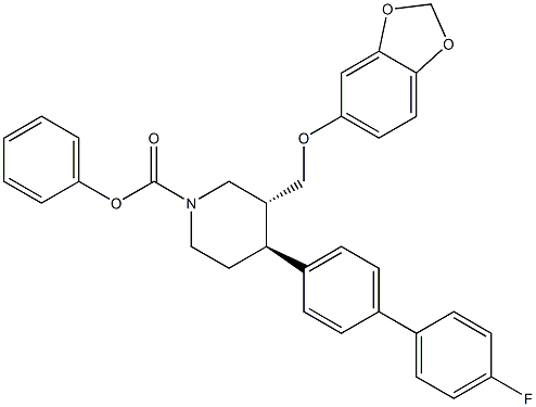 (trans)-phenyl 3-((benzo[d][1,3]dioxol-5-yloxy)methyl)-4-(4'-fluoro- [1,1'-biphenyl]-4-yl)piperidine-1-carboxylate Structure