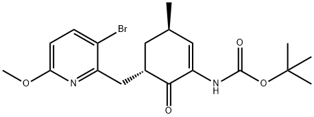 Carbamic acid, N-[(3R,5S)-5-[(3-bromo-6-methoxy-2-pyridinyl)methyl]-3-methyl-6-oxo-1-cyclohexen-1-yl]-, 1,1-dimethylethyl ester Structure