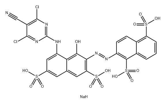 1,5-Naphthalenedisulfonicacid,2-[2-[8-[(4,6-dichloro-5-cyano-2-pyrimidinyl)amino]-1-hydroxy-3,6-disulfo-2-naphthalenyl]diazenyl]-,sodium salt (1:4) Structure