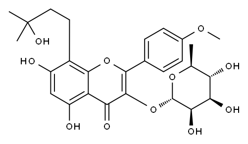 4H-1-Benzopyran-4-one, 3-[(6-deoxy-α-L-mannopyranosyl)oxy]-5,7-dihydroxy-8-(3-hydroxy-3-methylbutyl)-2-(4-methoxyphenyl)- Structure