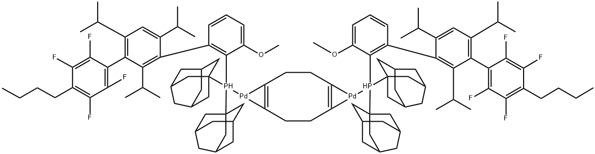 Bis{[2-(Diadamantylphosphino)-3-methoxy-2,4,6-tri-i-propyl-3-(2,3,5,6-tetrafluoro-4-butylphenyl)-1,1-biphenyl]palladium(0)}1,5-cyclooctadiene, [AlPhos Palladium complex] Structure
