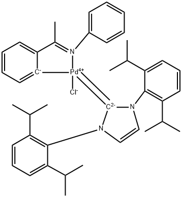 Chloro{2-[(1-(N-phenyl)iminoethyl]phenyl}{[1,3-bis(2,6-di-i-propylphenyl]imidzole-2-ylidene}palladium(II) Structure