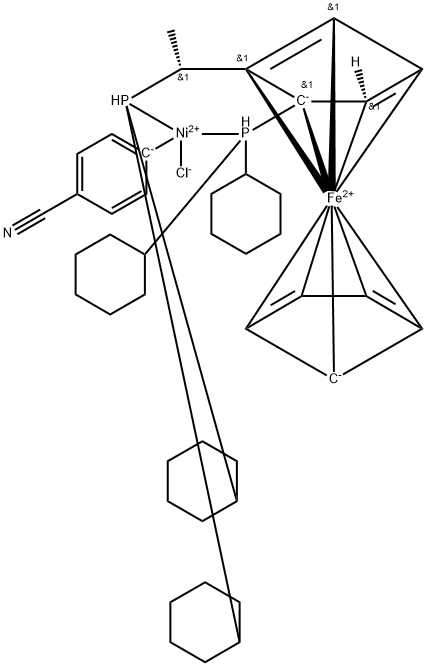 Chloro(4-cyanophenyl){(R)-1-[(S)-2-(dicyclohexylphosphino)ferrocenyl]ethyl (dicyclohexylphosphine)}nickel(II) Structure