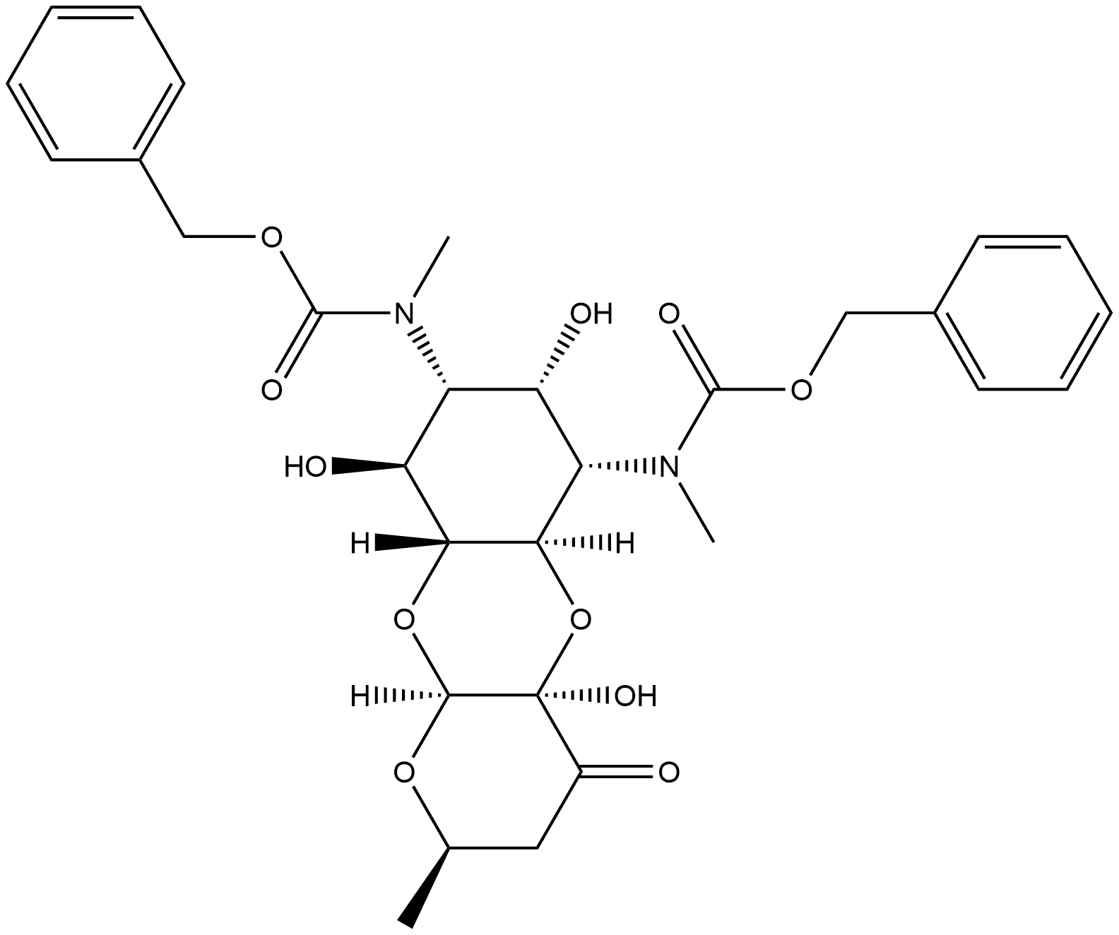 Carbamic acid, [(2R,4aR,5aR,6S,7S,8R,9S,9aR,10aS)-decahydro-4a,7,9-trihydroxy-2-methyl-4-oxo-2H-pyrano[2,3-b][1,4]benzodioxin-6,8-diyl]bis[N-methyl-, C,C'-bis(phenylmethyl) ester Structure
