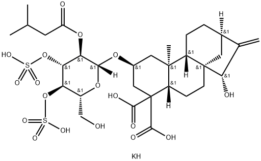 dipotassium dihydrogen 15alpha-hydroxy-2beta-[[2-O-isovaleryl-3,4-di-O-sulphonato-beta-D-glucopyranosyl]oxy]kaur-16-ene-18,19-dioate Structure
