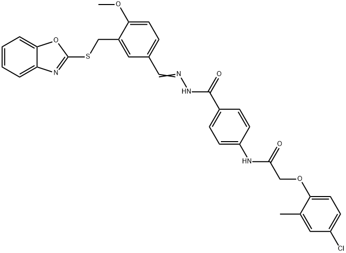 Benzoic acid, 4-[[(4-chloro-2-methylphenoxy)acetyl]amino]-, [[3-[(2-benzoxazolylthio)methyl]-4-methoxyphenyl]methylene]hydrazide (9CI) Structure