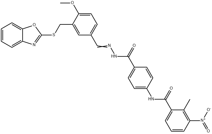 Benzoic acid, 4-[(2-methyl-3-nitrobenzoyl)amino]-, [[3-[(2-benzoxazolylthio)methyl]-4-methoxyphenyl]methylene]hydrazide (9CI) Structure