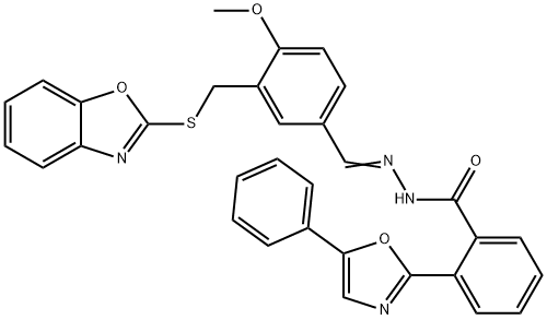 Benzoic acid, 2-(5-phenyl-2-oxazolyl)-, [[3-[(2-benzoxazolylthio)methyl]-4-methoxyphenyl]methylene]hydrazide (9CI) Structure