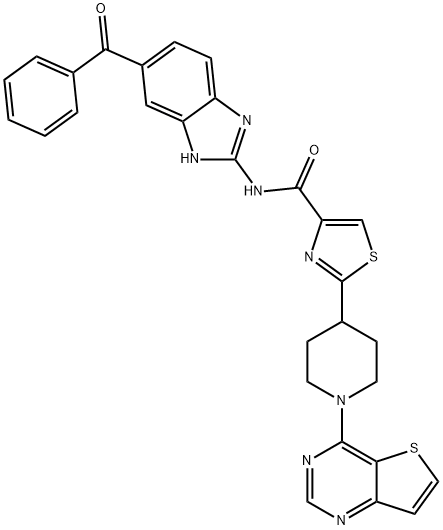 4-ThiazolecarboxaMide, N-(6-benzoyl-1H-benziMidazol-2-yl)-2-(1-thieno[3,2-d]pyriMidin-4-yl-4-piperidinyl)- Structure