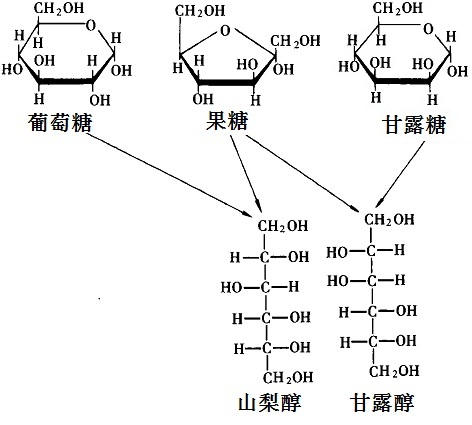 山梨醇、甘露醇及其相应单糖的化学结构式