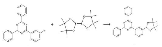 The synthetic step 2 of 2,4-Diphenyl-6-[3-(4,4,5,5-tetramethyl-1,3,2-dioxaborolan-2-yl)phenyl]-1,3,5-triazine.
