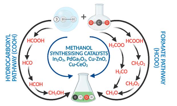 Figure 1 Mechanism of methanol synthesis by CO2 hydrogenation through hydrocarboxyl and formate pathway.