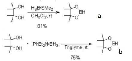 a) ボラン・ジメチルスルフィド錯体からの合成 b) ボラン・ジエチルフェニルアミン錯体からの合成