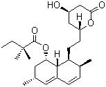 CAS 登录号：79902-63-9, 辛伐他汀, (1S,2S,6S,8S,8aR)-1,2,6,7,8,8a-六氢-3,7-二甲基-8-[2-[(2R,4R)-四氢-4-羟基-6-氧代-2H-吡喃-2-基]乙基]-1-萘酚 2,2-二甲基丁酸酯
