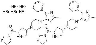 CAS 登录号：906093-29-6, 3-[[(2S,4S)-4-[4-(3-甲基-1-苯基-1H-吡唑-5-基)-1-哌嗪基]-2-吡咯烷基]羰基]-噻唑烷氢溴酸盐(2:5)