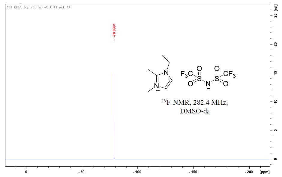 1-乙基-2,3-二甲基咪唑双（三氟甲烷磺酰）亚胺盐,EMMImNTf2,174899-90-2,1-ethyl-2,3-dimethylimidazolium bis((trifluoromethyl)sulfonyl)imide,核磁 NMR, F谱, 氘代DMSO