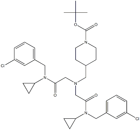4-[(비스-{[(3-클로로-벤질)-사이클로프로필-카바모일]-메틸}-아미노)-메틸]-피페리딘-1-카복실산tert-부틸에스테르 구조식 이미지