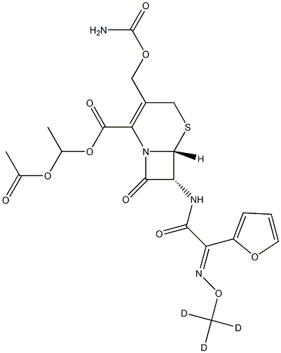 (6R,7R)-3-[[(AMinocarbonyl)oxy]Methyl]-7-[[(2E)-2-(2-furanyl)-2-[(Methoxy-d3)iMino]acetyl]aMino]-8-oxo-5-thia-1-azabicyclo[4.2.0]oct-2-ene-2-carboxylic Acid 1-(Acetyloxy)ethyl Ester Structure