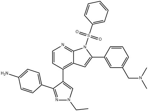 4-(4-(2-(3-((diMethylaMino)Methyl)phenyl)-1-(phenylsulfonyl)-1H-pyrrolo[2,3-b]pyridin-4-yl)-1-ethyl-1H-pyrazol-3-yl)aniline 구조식 이미지