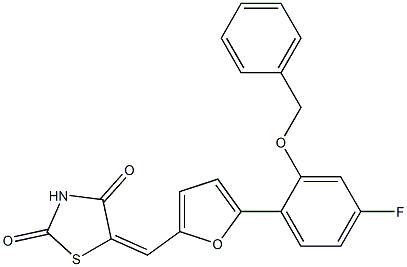 (E)-5-((5-(2-(benzyloxy)-4-fluorophenyl)furan-2-yl)Methylene)thiazolidine-2,4-dione 구조식 이미지