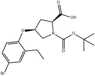 (2S,4S)-4-(4-Bromo-2-ethylphenoxy)-1-(tert-butoxycarbonyl)-2-pyrrolidinecarboxylic acid 구조식 이미지