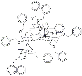 1,6-O-Dibenzyl-2-acetamido-2-deoxy-3-O-(2,3,4-O-tribenzyl-α-L-fucopyranosyl)-4-O-[2-O-(2,3,4-O-tribenzyl-α-L-fucopyranosyl)-3,4,6-O-tribenzyl-β-D-galactopyranosyl]-D-glucopyranoside Structure