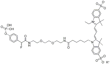4,7-Dioxaoctylenediamine N-[(Cyanine 3) Monofunctional Hexanoic Acid]-N[2-fluoro-4phosphophenylacetic Acid] Diamide Structure