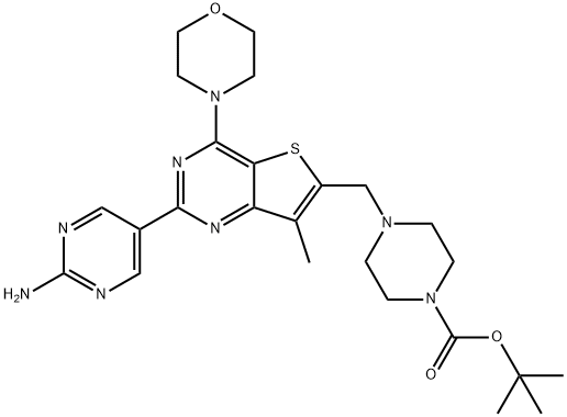 1-Piperazinecarboxylic acid, 4-[[2-(2-aMino-5-pyriMidinyl)-7-Methyl-4-(4-Morpholinyl)thieno[3,2-d]pyriMidin-6-yl]Methyl]-, 1,1-diMethylethyl ester 구조식 이미지
