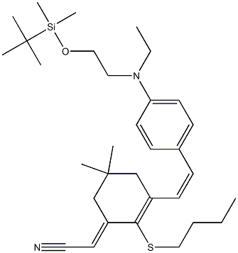 2-[2-(butylthio)-3-[(1E)-2-[4-[[2-[[(1,1-diMethylethyl) diMethylsiyl]oxy]ethylaMino]phenyl]ethenyl]-5,5-diMethyl-2- cyclohexen-1-yliden]-,(2E)-acetonitrile 구조식 이미지