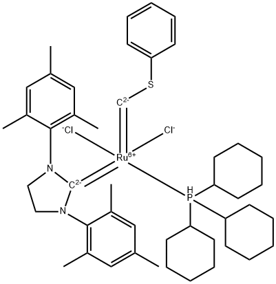 Tricyclohexylphosphine[1,3-bis(2,4,6-trimethylphenyl)-4,5-dihydroimidazol-2-ylidene][(phenylthio)methylene]ruthenium(II)dichloride Structure