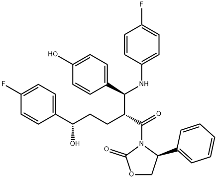 (S)-3-((2R,5S)-5-(4-fluorophenyl)-2-((S)-(4-fluorophenylaMino)(4-hydroxyphenyl)Methyl)-5-hydroxypentanoyl)-4-phenyloxazolidin-2-one 구조식 이미지