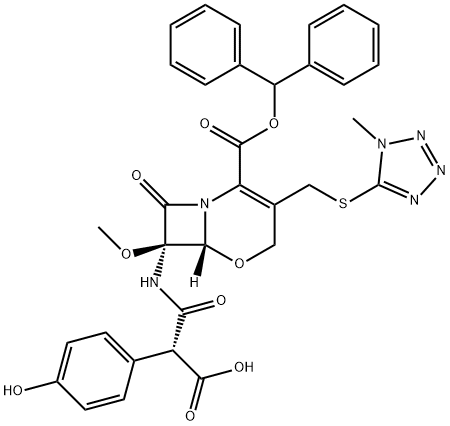 (6R,7R)-7-[[(2R)-2-Carboxy-2-(4-hydroxyphenyl)acetyl]amino]-7-methoxy-3-[[(1-methyl-1H-tetrazol-5-yl)thio]methyl]-8-oxo-5-oxa-1-azabicyclo[4.2.0]oct-2-ene-2-carboxylic acid 2-(diphenylmethyl) ester 구조식 이미지