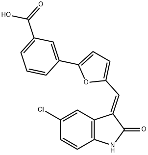 (Z)-3-(5-((5-chloro-2-oxoindolin-3-ylidene)Methyl)furan-2-yl)benzoic acid 구조식 이미지