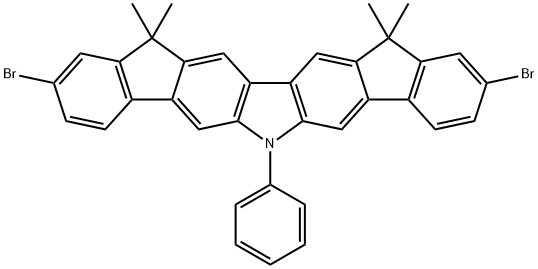 2,10-Dibromo-12,15-dihydro-12,12,15,15-tetramethyl-6-phenyl-6H-diindeno[1,2-b:2',1'-h]carbazole 구조식 이미지