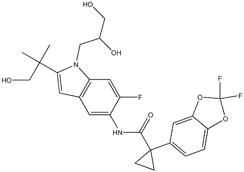 1-(2,2-difluorobenzo[d][1,3]dioxol-5-yl)-N-(1-(2,3-dihydroxypropyl)-6-fluoro-2-(1-hydroxy-2-Methylpropan-2-yl)-1H-indol-5-yl)cyclopropanecarboxaMide 구조식 이미지
