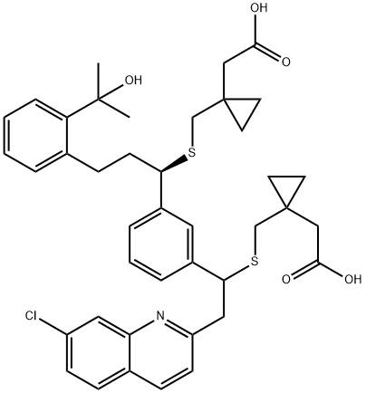 Cyclopropaneacetic acid, 1-[[[( 1R)-1-[3-[1-[[[1-(carboxyMethyl)cyclopropyl]Methyl]thio]-2-(7-chloro-2-quinolinyl)ethyl] phenyl]-3-[2-(1-hydroxy-1- Methylethyl)phenyl]propyl]thio]Methyl]- 구조식 이미지