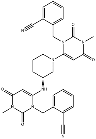 (R)-2-((6-(3-((3-(2-cyanobenzyl)-1-Methyl-2,6-dioxo-1,2,3,6-tetrahydropyriMidin-4-yl)aMino)piperidin-1-yl)-3-Methyl-2,4-dioxo-3,4-dihydropyriMidin-1(2H)-yl)Methyl)benzonitrile 구조식 이미지
