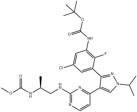 CarbaMic acid, N-[(1S)-2-[[4-[3-[5-chloro-3-[[(1,1-diMethylethoxy)carbonyl]aMino]-2-fluorophenyl]-1-(1-Methylethyl)-1H-pyrazol-4-yl]-2-pyriMidinyl]aMino]-1-Methylethyl]-, Methyl ester 구조식 이미지