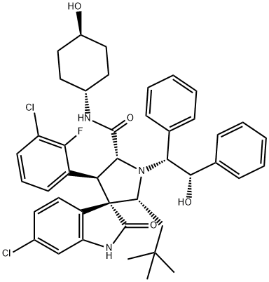 Spiro[3H-indole-3,3'-pyrrolidine]-5'-carboxaMide, 6-chloro-4'-(3-chloro-2-fluorophenyl)-2'-(2,2-diMethylpropyl)-1,2-dihydro-N-(trans-4-hydroxycyclohexyl)-1'-[(1R,2S)-2-hydroxy-1,2-diphenylethyl]-2-oxo-, (2'R,3S,4'S,5'R)- 구조식 이미지