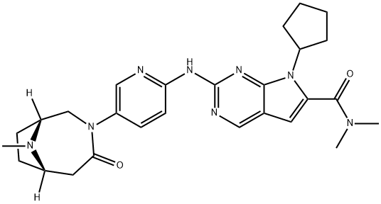 7-Cyclopentyl-N,N-dimethyl-2-[[5-[(1R,6S)-9-methyl-4-oxo-3,9-diazabicyclo[4.2.1]non-3-yl]-2-pyridinyl]amino]-7H-Pyrrolo[2,3-d]pyrimidine-6-carboxamide 구조식 이미지