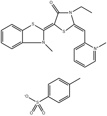 2-((Z)-((E)-3-ethyl-5-(3-Methylbenzo[d]thiazol-2(3H)-ylidene)-4-oxothiazolidin-2-ylidene)Methyl)-1-Methylpyridin-1-iuM 4-Methylbenzenesulfonate 구조식 이미지