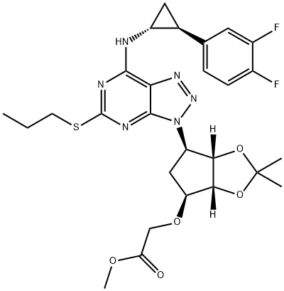 2-[[(3aR,4S,6R,6aS)-6-[7-[[(1R,2S)-2-(3,4-Difluorophenyl)cyclopropyl]amino]-5-(propylthio)-3H-1,2,3-triazolo[4,5-d]pyrimidin-3-yl]tetrahydro-2,2-dimethyl-4H-cyclopenta-1,3-dioxol-4-yl]oxy]-acetic acid methyl ester Structure