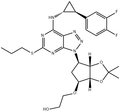 2-[[(3aS,4R,6S,6aR)-4-[7-[[(1R,2S)-2-(3,4-Difluorophenyl)cyclopropyl]amino]-5-(propylthio)-3H-[1,2,3]triazolo[4,5-d]pyrimidin-3-yl]-2,2-dimethyl-tetrahydro-3aH-cyclopenta[d][1,3]dioxol-6-yl]oxy]ethanol 구조식 이미지