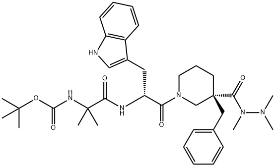 3-Piperidinecarboxylic acid, 1-[(2R)-2-[[2-[[(1,1-diMethylethoxy)carbonyl]aMino]-2-Methyl-1-oxopropyl]aMino]-3-(1H-indol-3-yl)-1-oxopropyl]-3-(phenylMethyl)-, 1,2,2-triMethylhydrazide,(3R)- 구조식 이미지