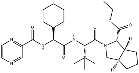Cyclopenta[c]pyrrole-1-carboxylic acid, (2S)-2-cyclohexyl-N-(pyrazinylcarbonyl)glycyl-3-Methyl-L-valyloctahydro-, ethyl ester, (1S,3aR,6aS)- Structure